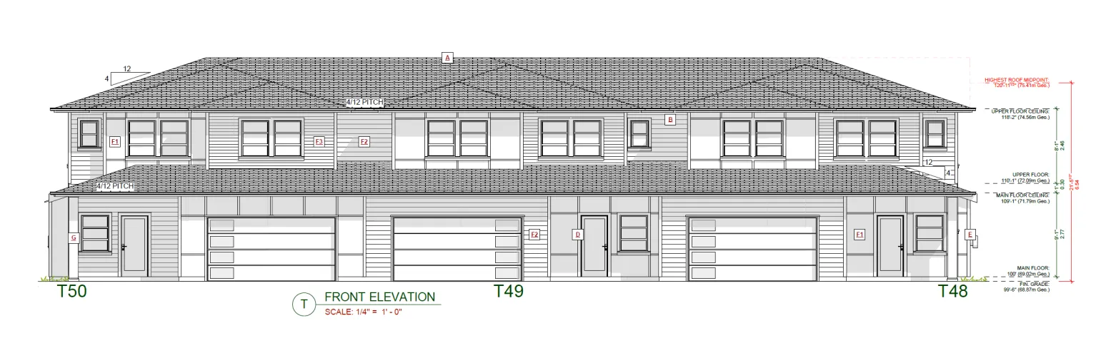 Front elevation architectural drawing for Block T units T48, T49, and T50