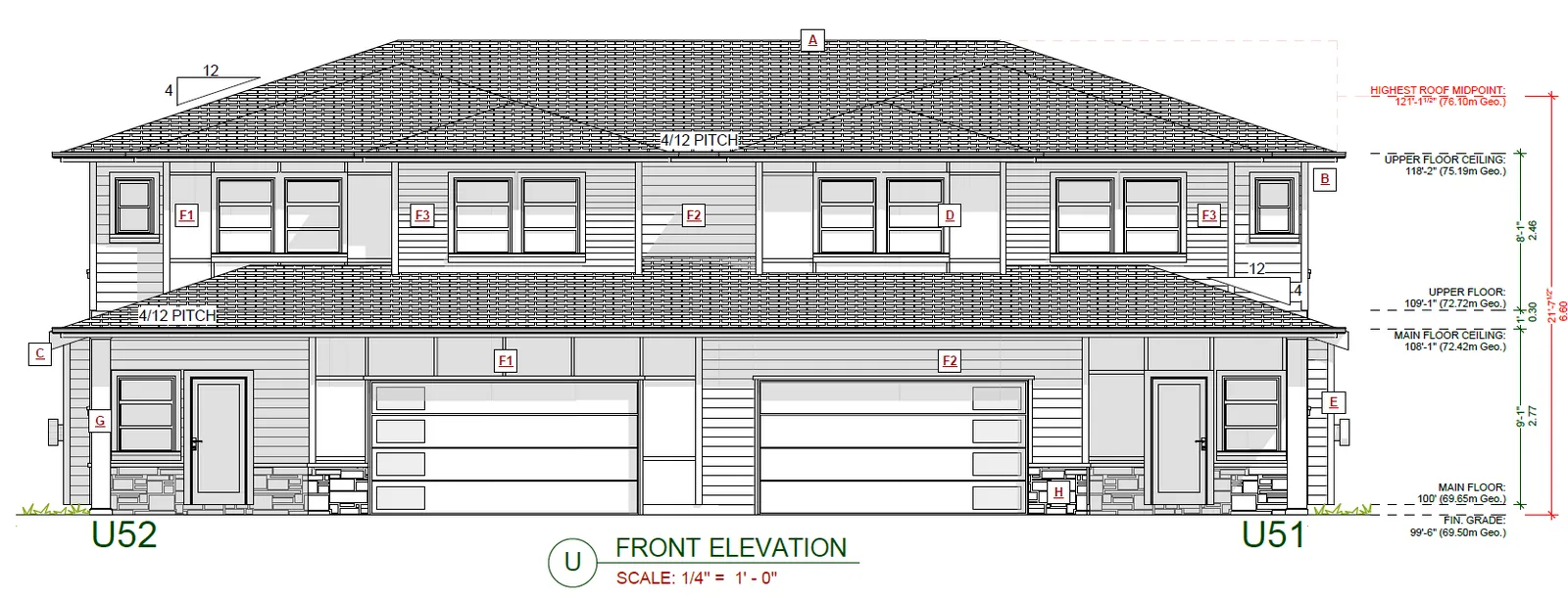 Front elevation architectural drawing for Block U units U51 and U52
