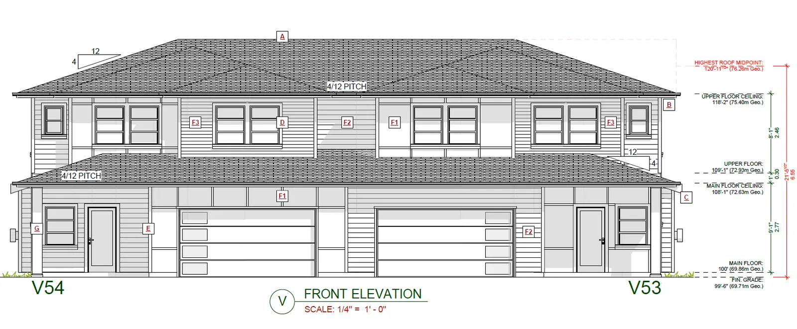 Front elevation architectural drawing for Block V units V53 and V54