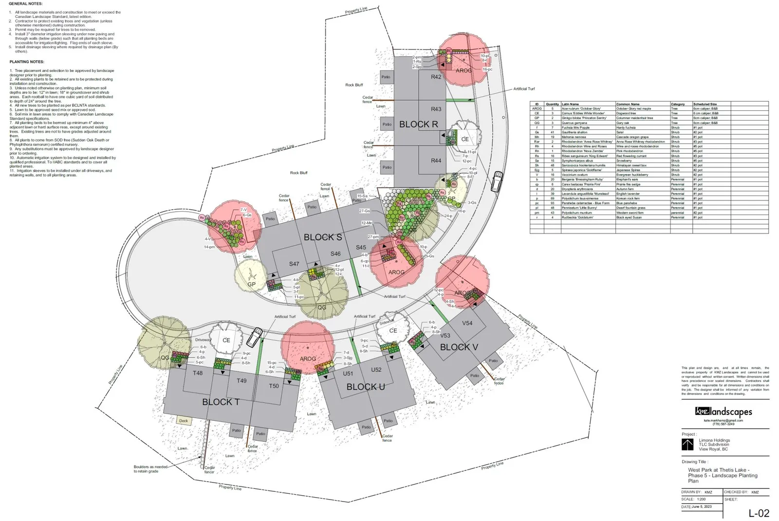 Detailed landscape planting plan for Phase 6, including a plant list and general planting notes