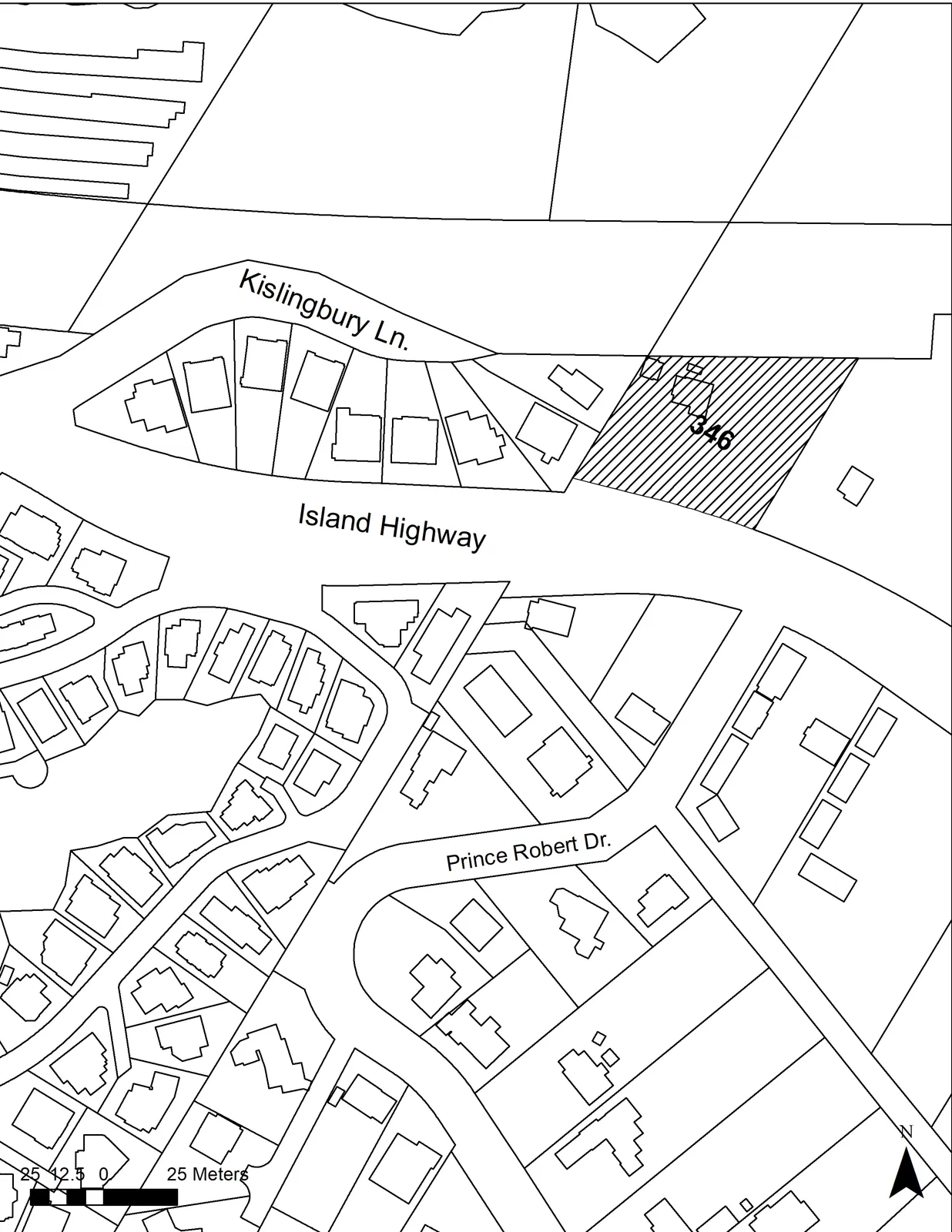Location map showing the subject property, labeled 346, situated between Kislingbury Ln. and Island Highway, with Prince Robert Dr. visible to the south.