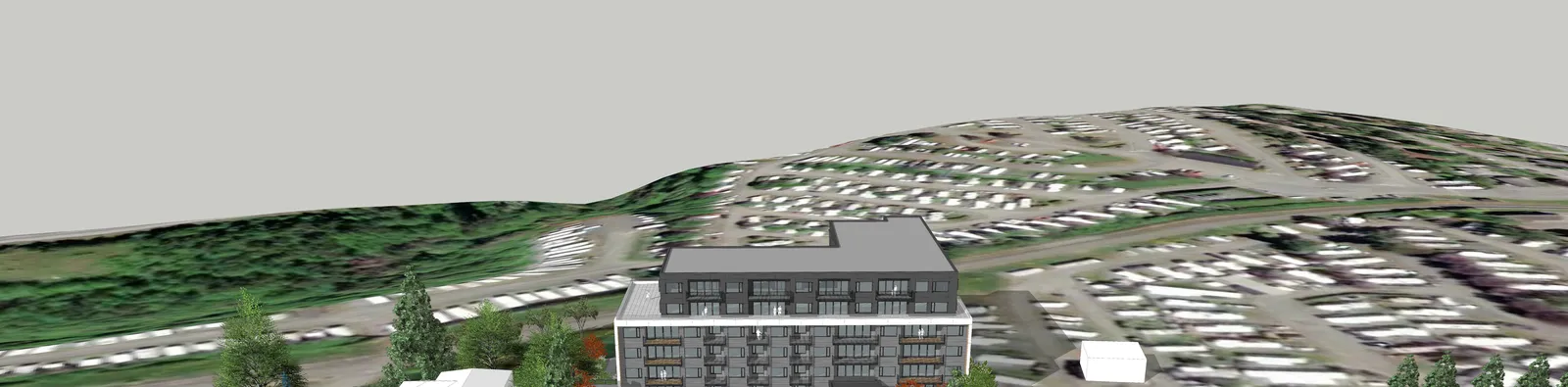Wide-angle aerial architectural rendering showing the building's context within the surrounding neighborhood.