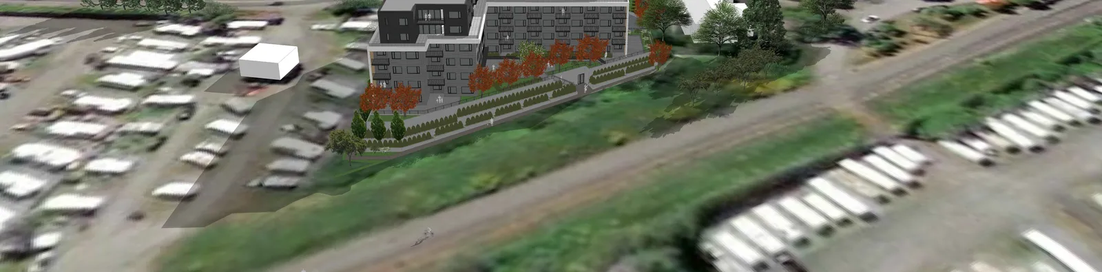 Aerial architectural rendering of the proposed building and surrounding area