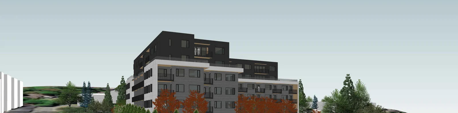 Eye-level architectural rendering of the proposed building from the trail