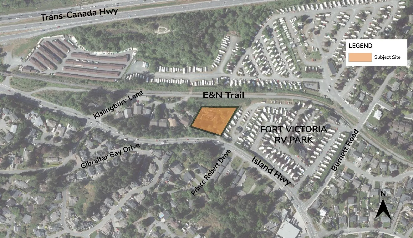 Aerial map identifying the subject site location at 346 Island Highway and surrounding landmarks like the E&N Trail and Fort Victoria RV Park