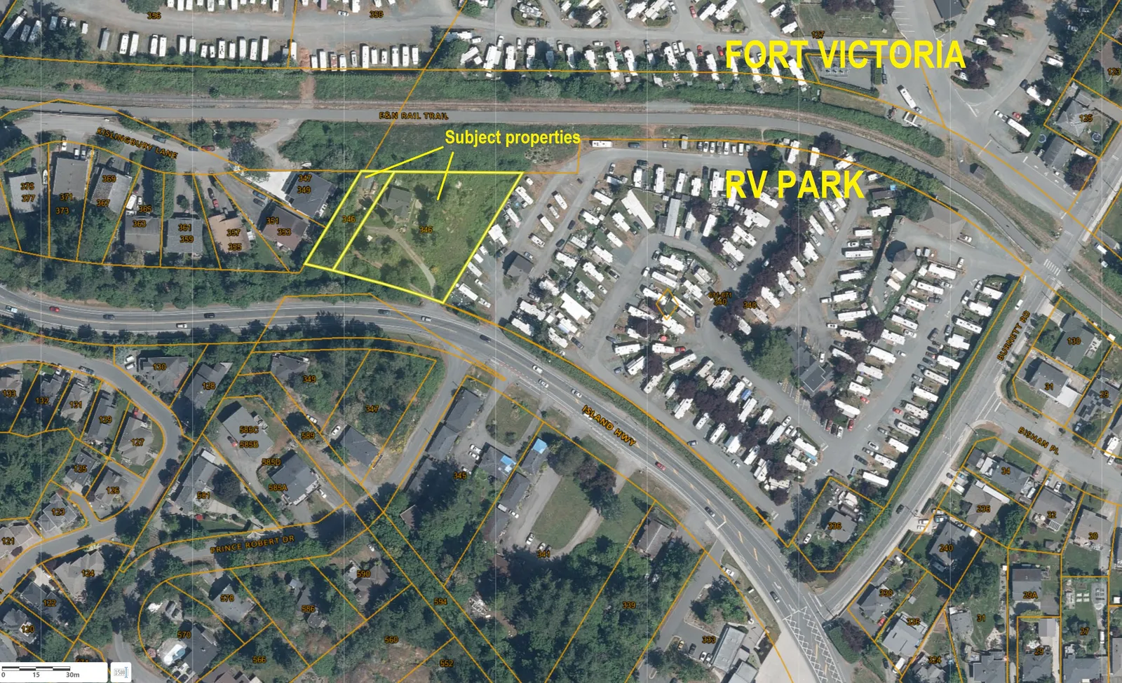 Aerial map showing the subject properties at 346 Island Highway and the neighboring Fort Victoria RV Park