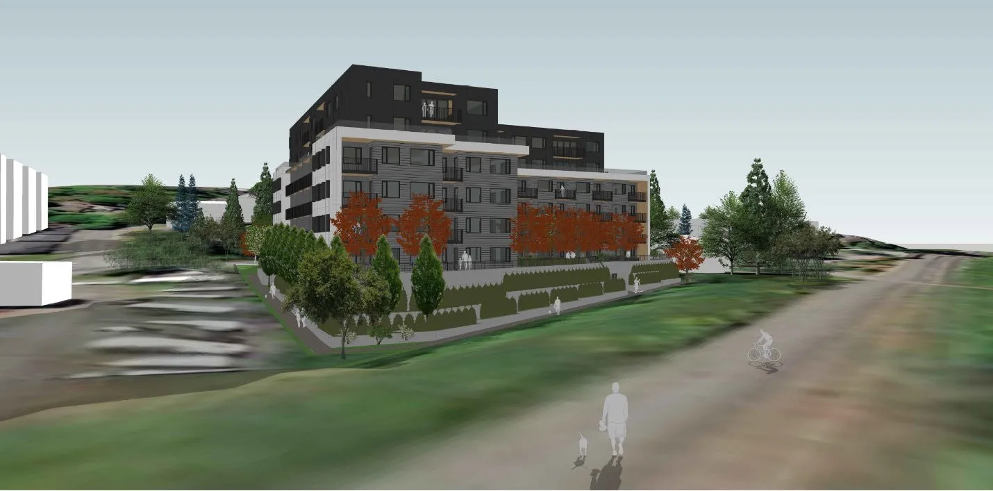 Conceptual rendering of the development as seen from the perspective of the E & N Rail Trail