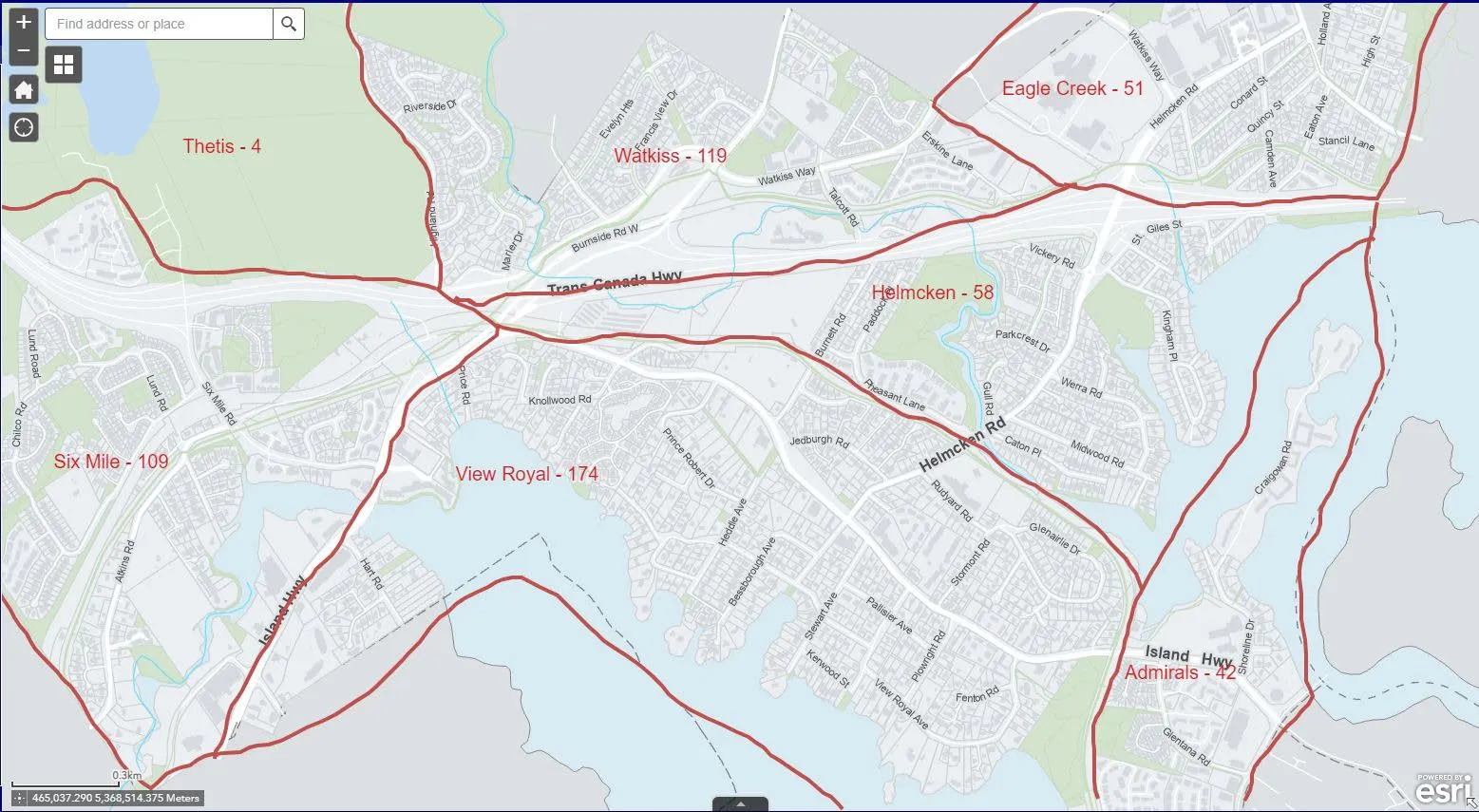 Map of the Town of View Royal bylaw zones and the number of calls for service in those areas for 2023