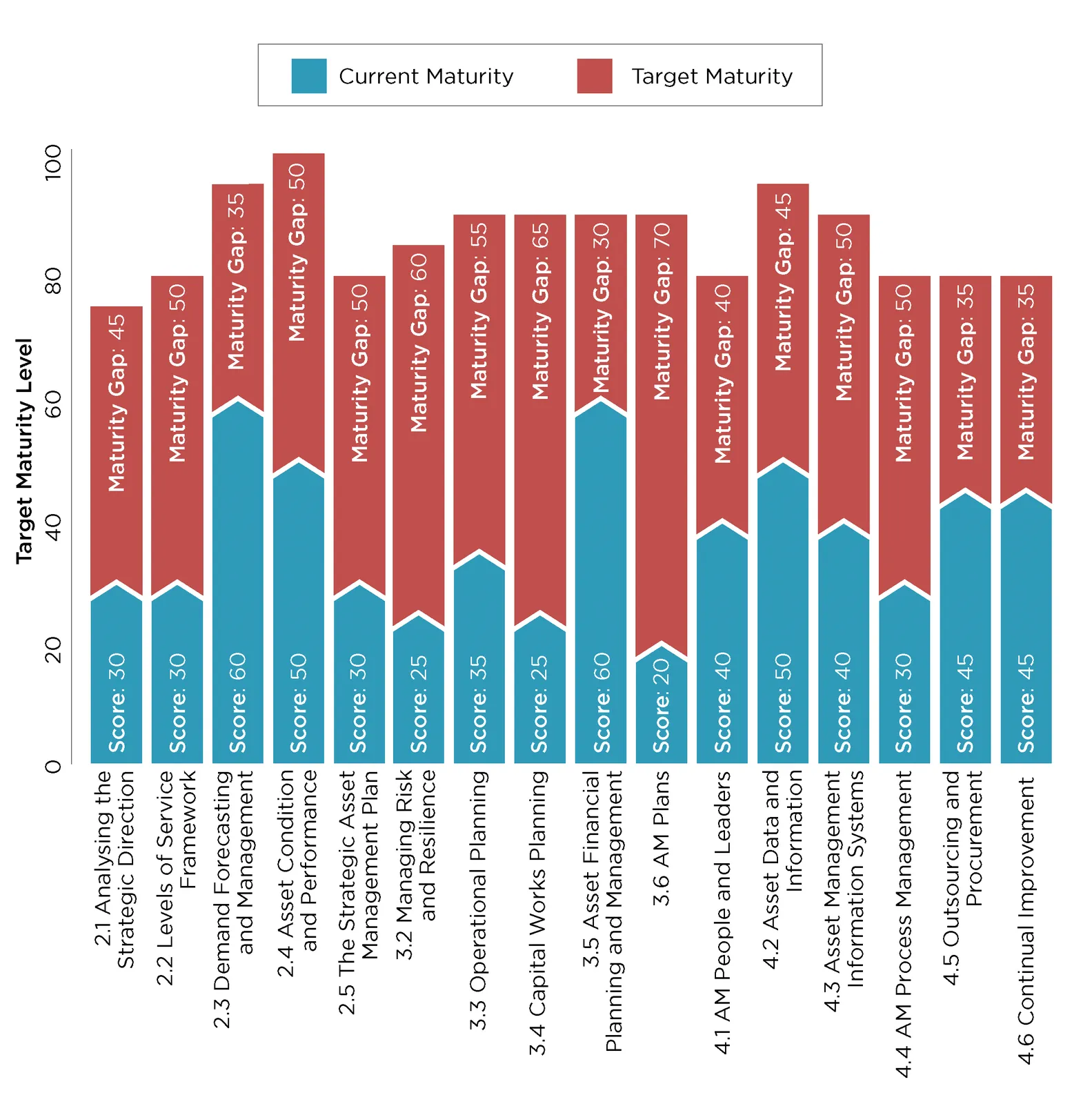 IIMM Maturity Assessment Histogram showing target maturity levels and current scores for various asset management components