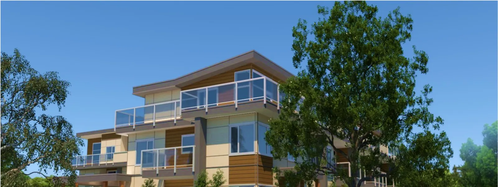 Conceptual 3D rendering showing the multi-story residential building from a street corner perspective