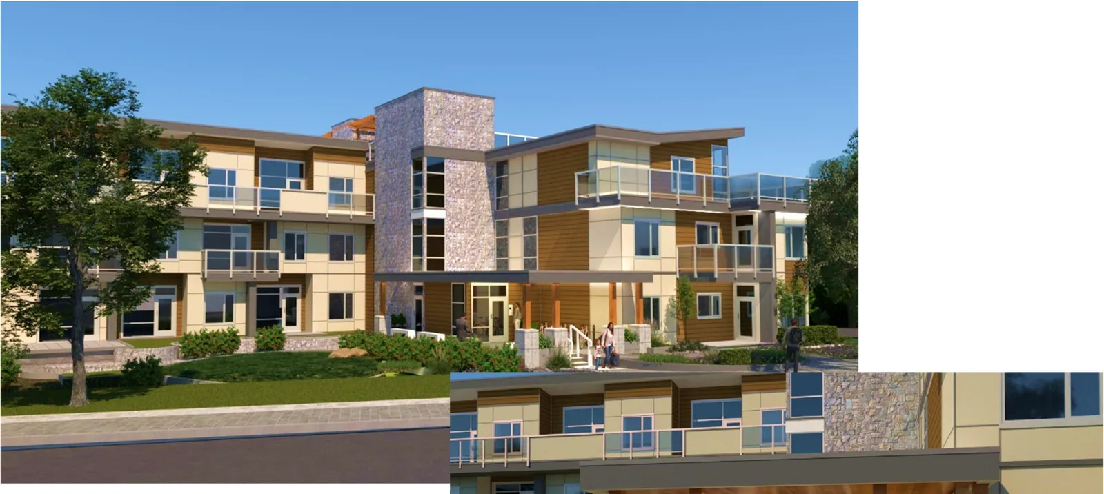 Conceptual 3D rendering showing the building's facade featuring glass balconies and a prominent stone-clad vertical element