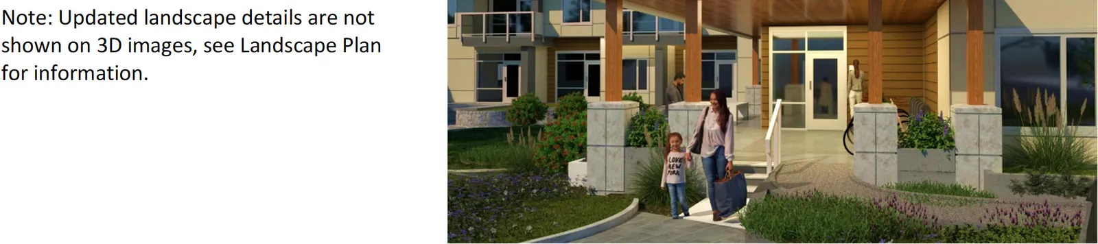 Close-up conceptual 3D rendering of the building entrance featuring a timber-supported canopy and architectural stone pillars