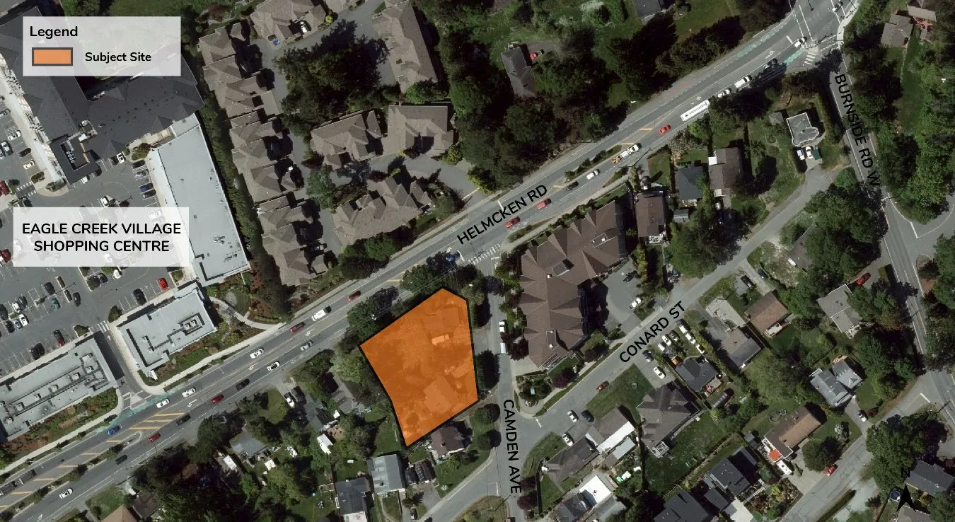 Aerial view map of the subject site at the intersection of Helmcken Road and Camden Avenue, highlighting the property boundaries