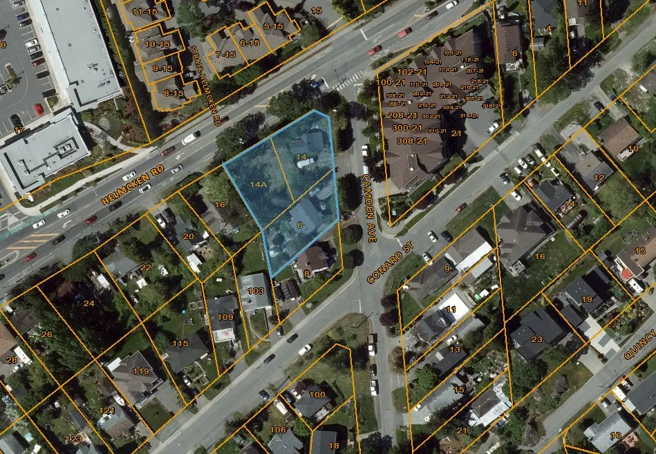 Aerial map of the project site showing 14, 14A, and 6 Camden Avenue bounded by Helmcken Road, Camden Avenue, and Conard Street