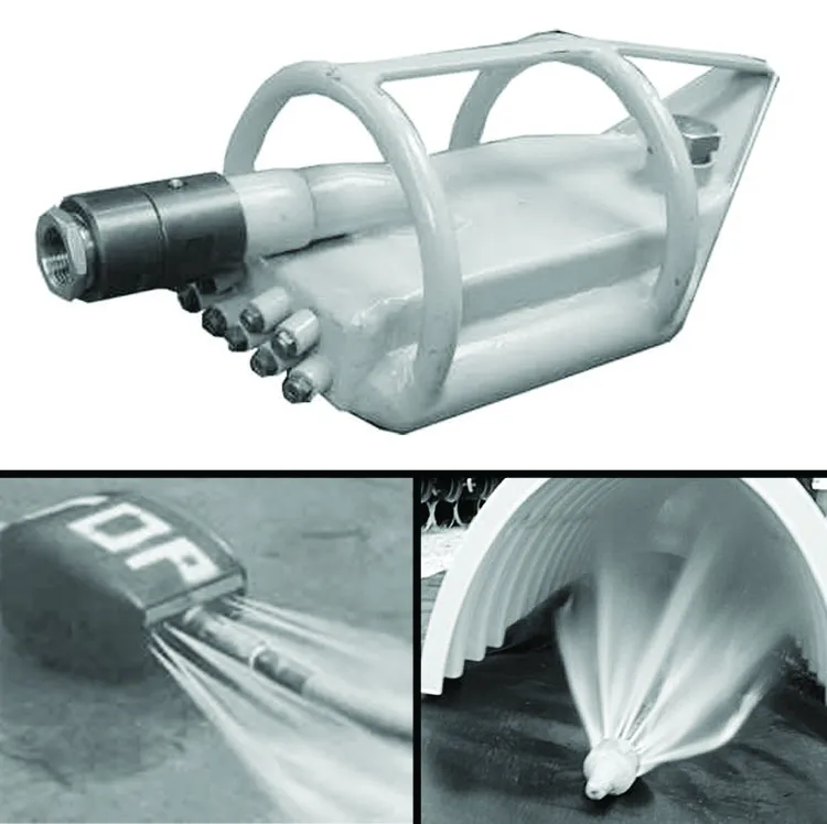 Collage showing JetVac nozzle equipment and the cleaning process within a StormTech chamber