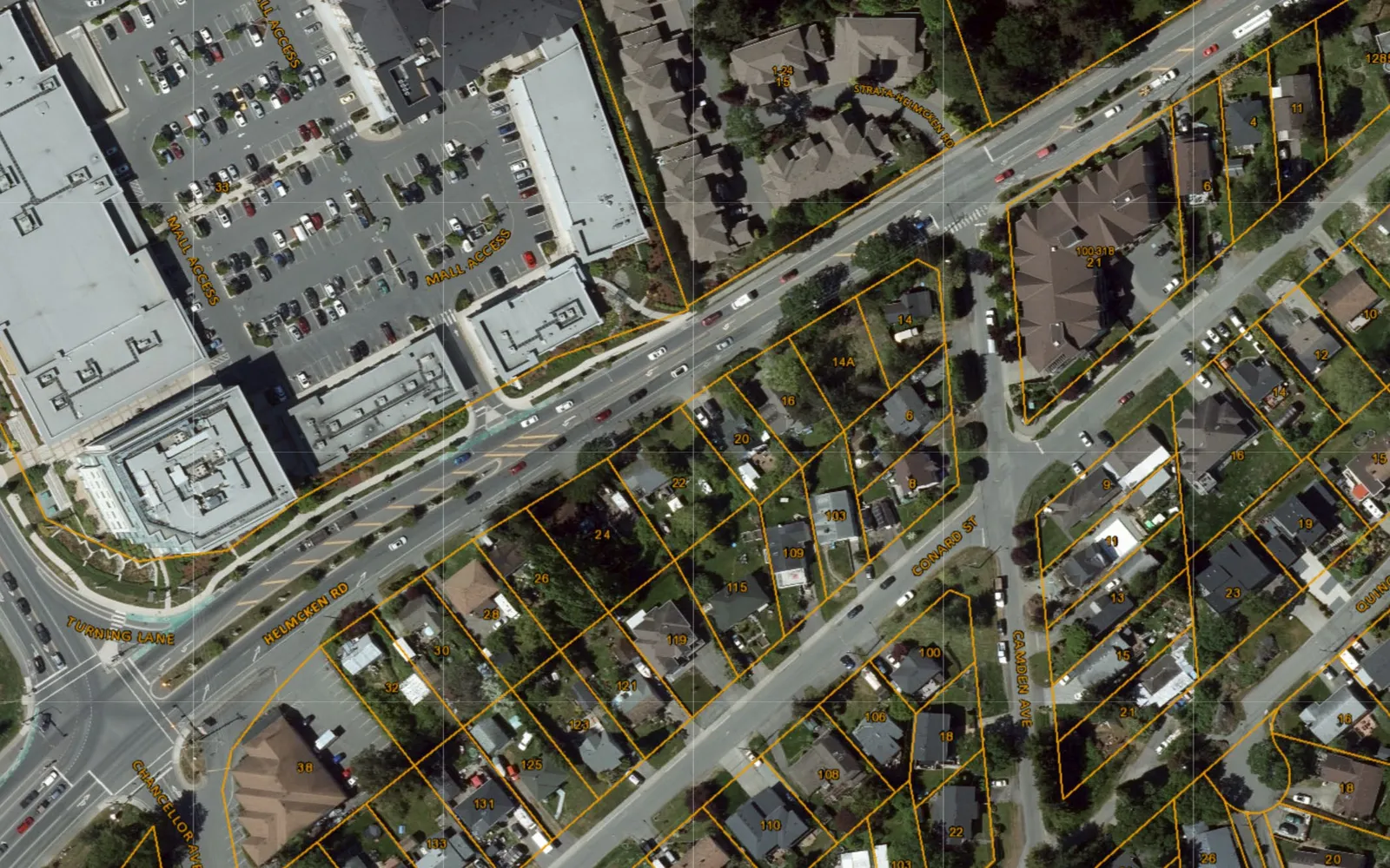 Aerial map showing the site context and surrounding properties along Helmcken Road and Camden Avenue