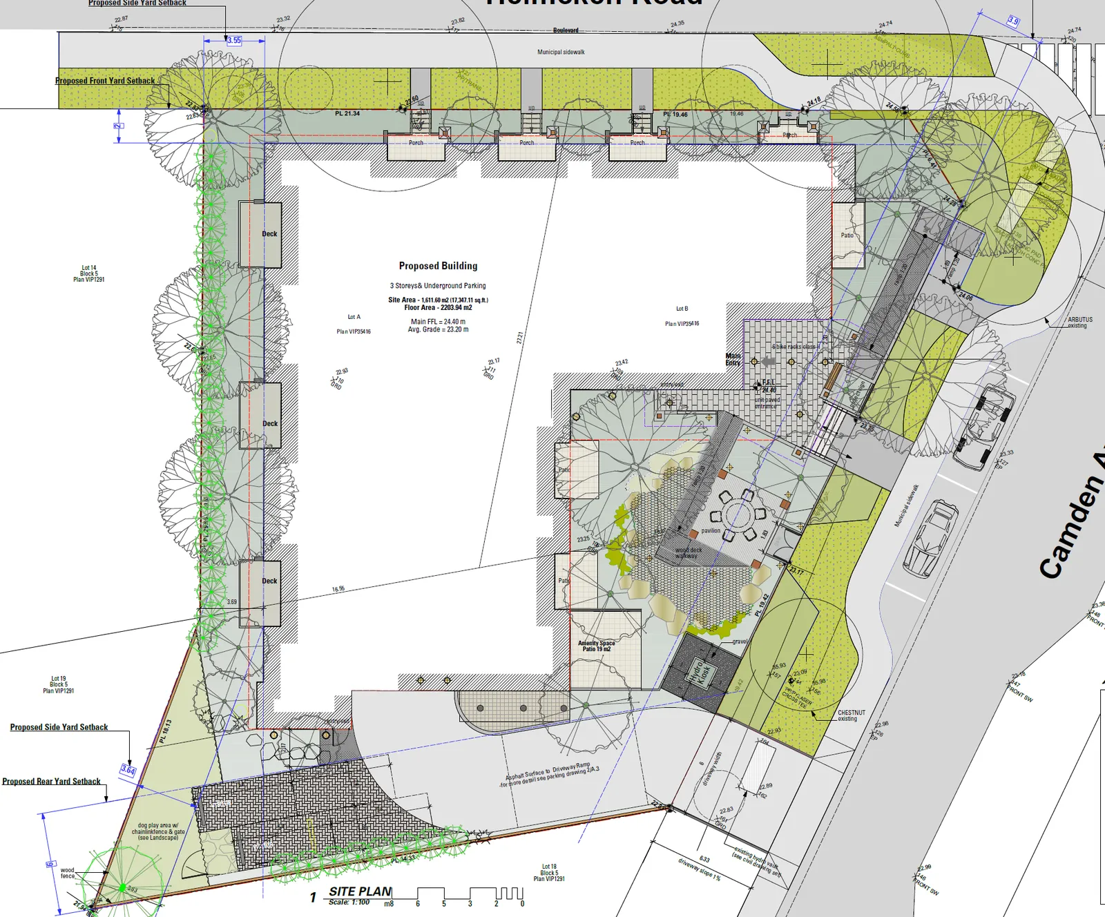 Conceptual site plan showing building footprint, landscaping, and property setbacks