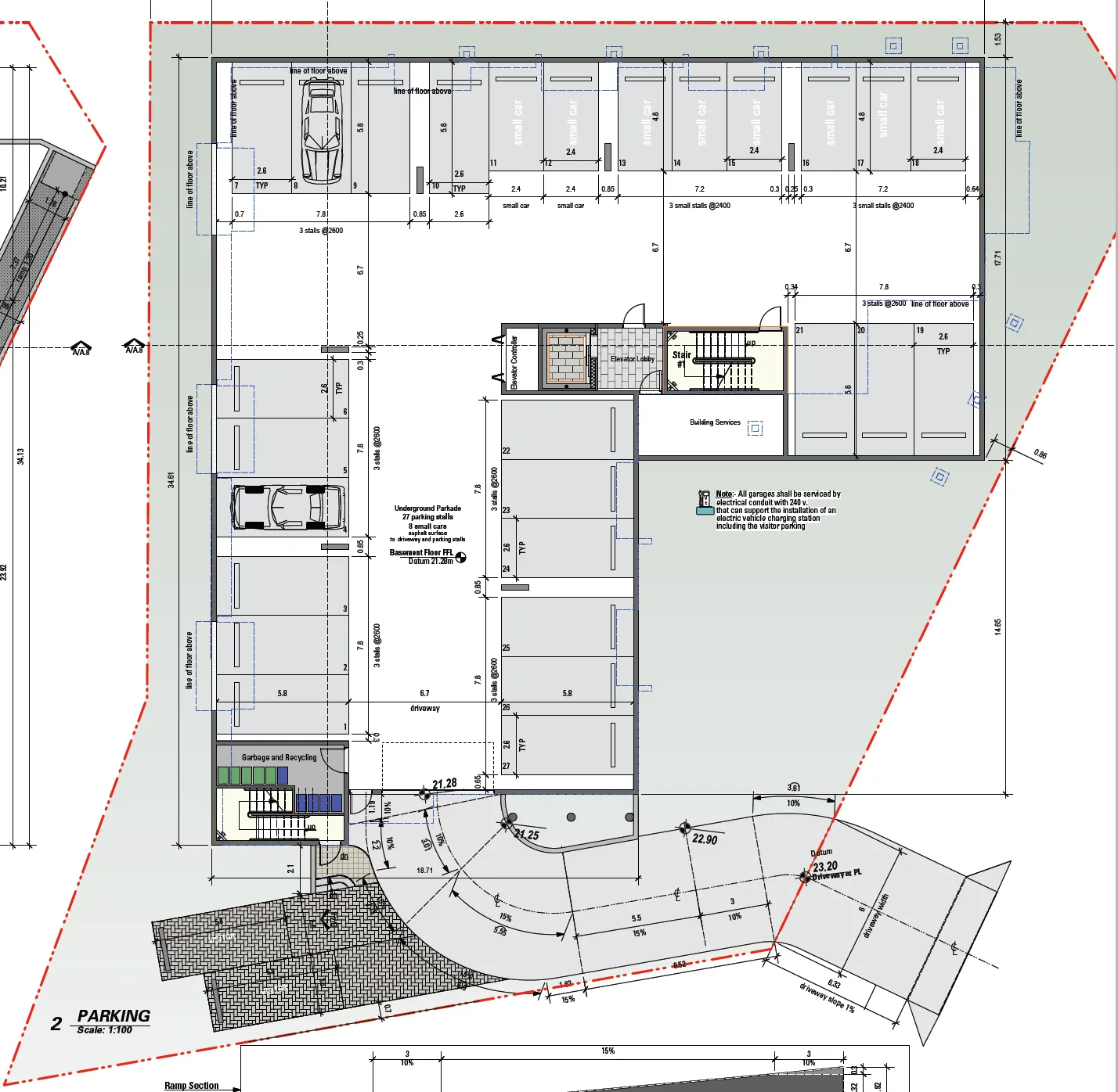 Conceptual parking plan detailing the underground parkade layout and stall dimensions