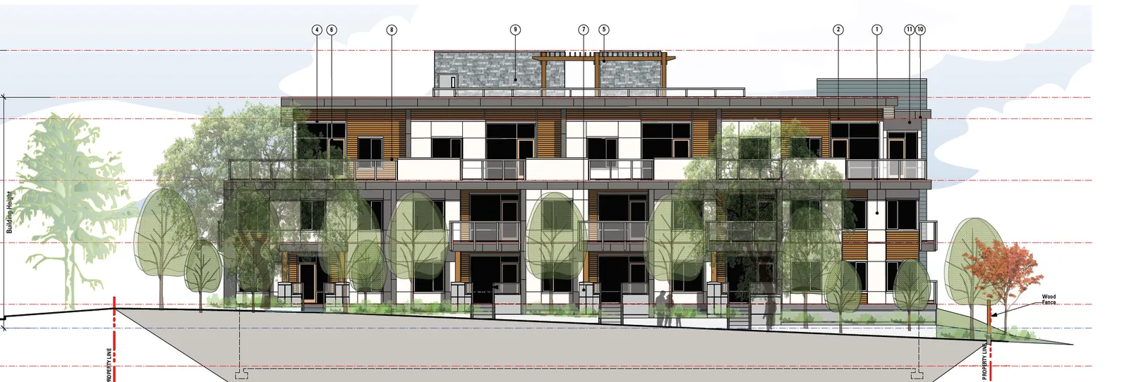 Architectural rendering of the building's north elevation facing Helmcken Road