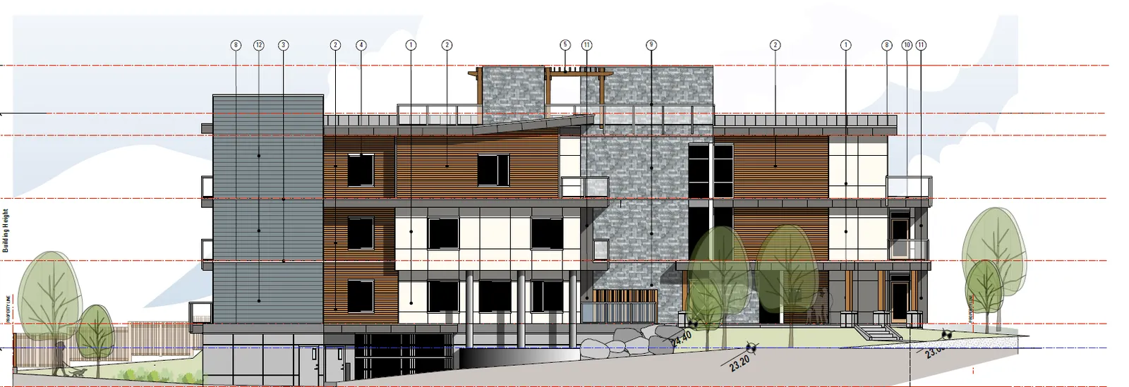 Architectural rendering of the building's south elevation showing the entrance to the underground garage