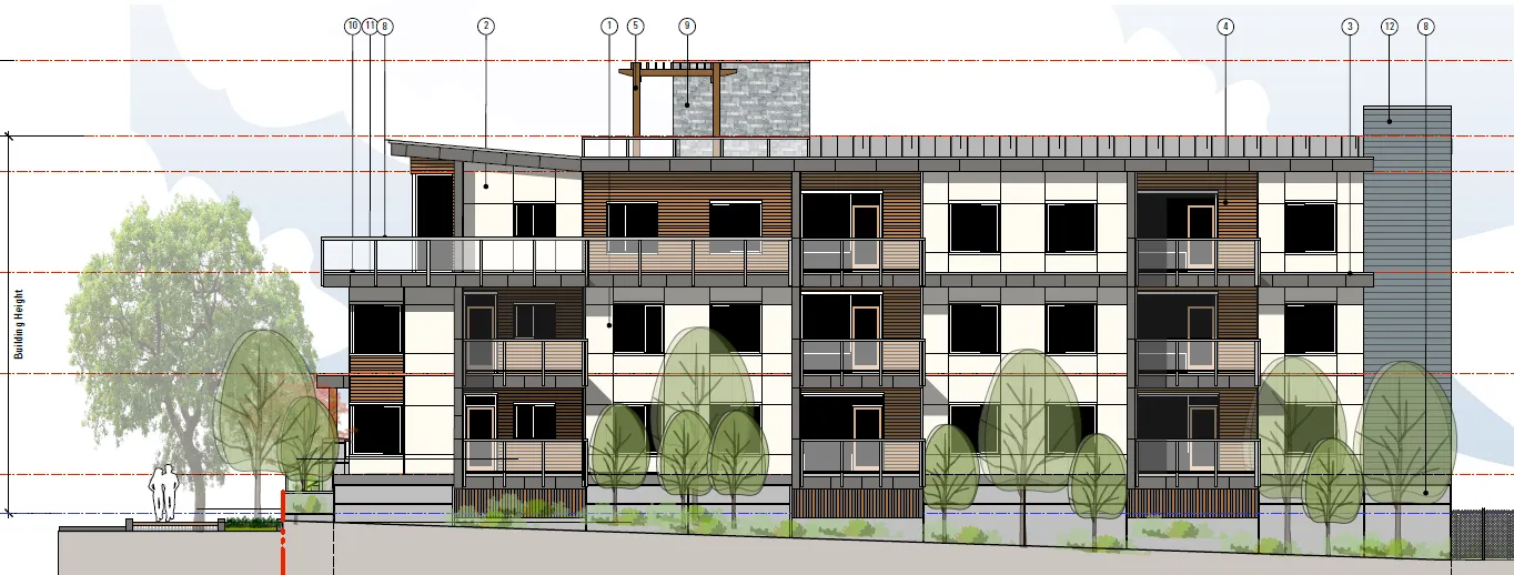 Architectural rendering of the building's west elevation showing the side yard and balconies