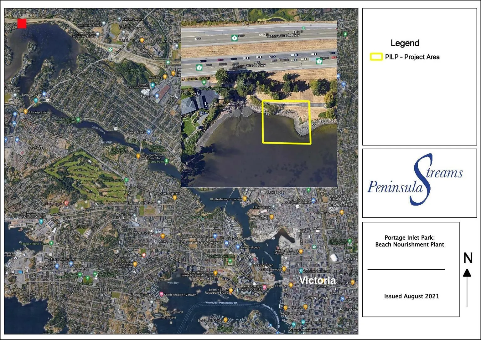 Aerial overview map identifying the Portage Inlet Park beach nourishment project area (PILP) near the Trans-Canada Highway.