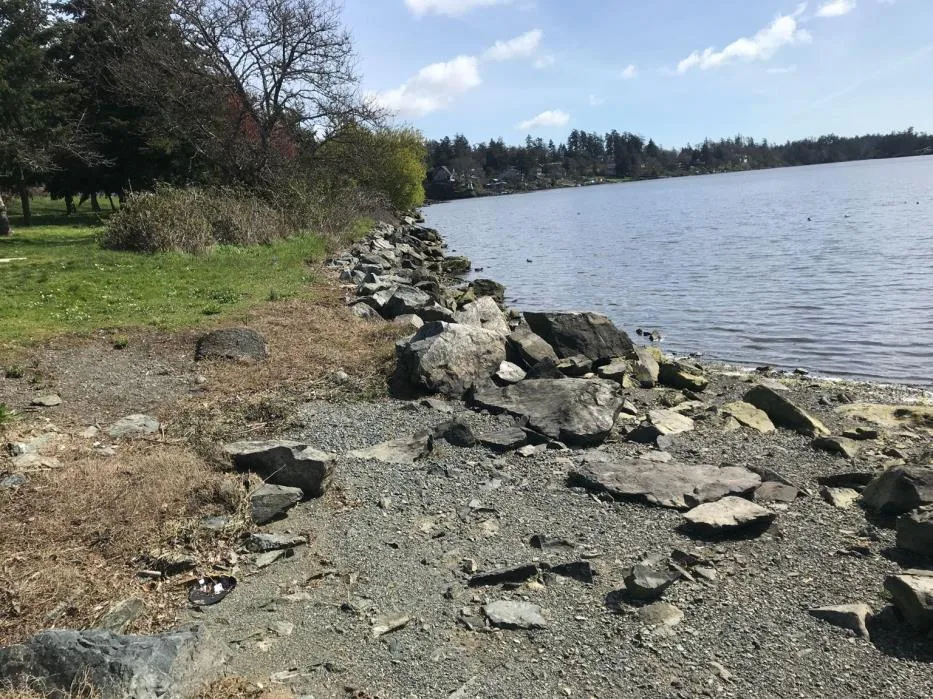 Photo of the shoreline with a camera interface overlay showing GPS coordinates (+048.463415 / -123.424215), the date (21-04-05), and an elevation of 11ft.