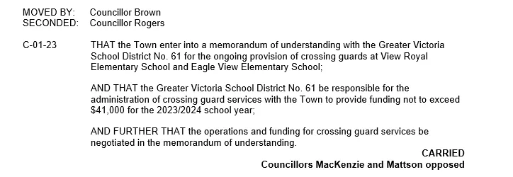 Text of council motion C-01-23 regarding crossing guard funding and administration