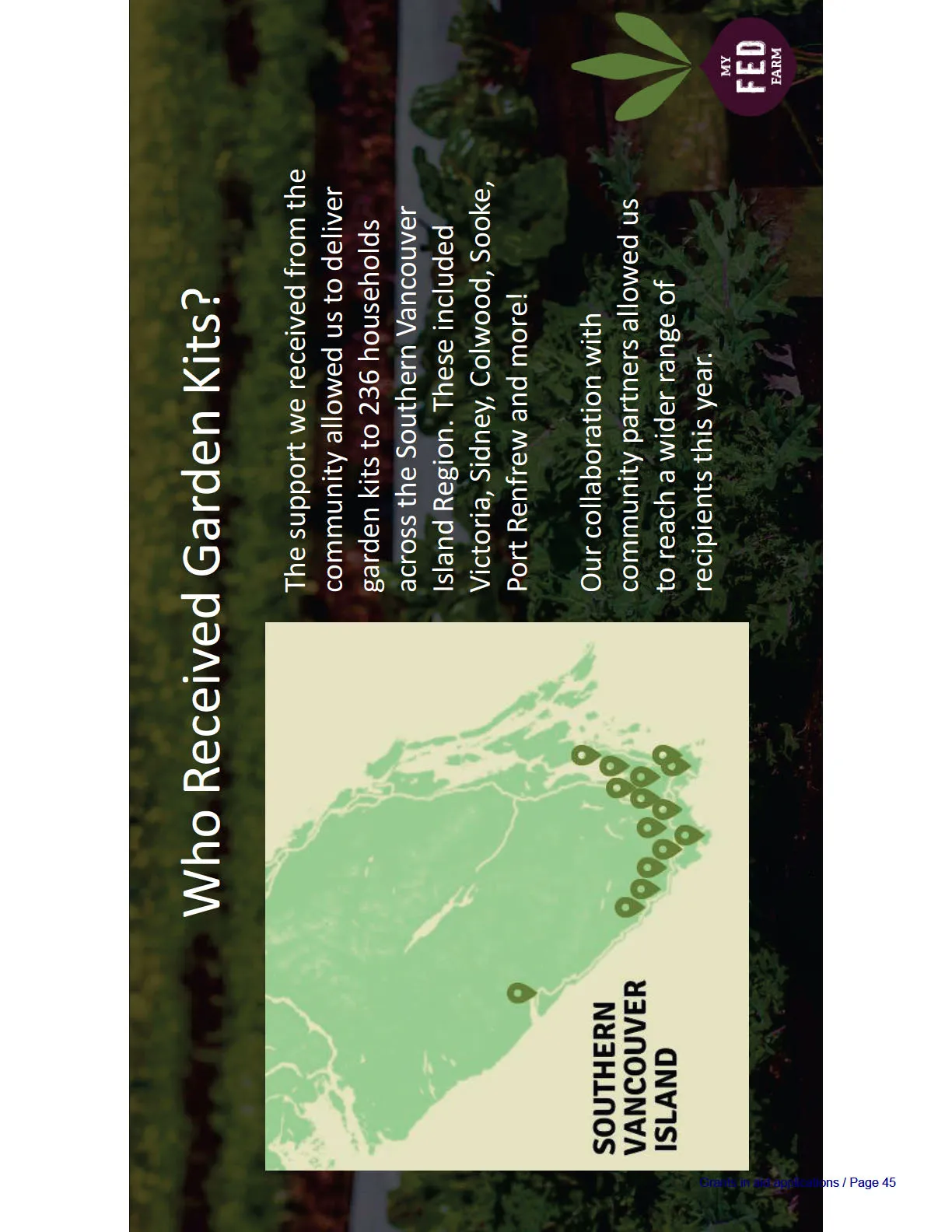 Map of Southern Vancouver Island with green icons indicating where garden kits were received