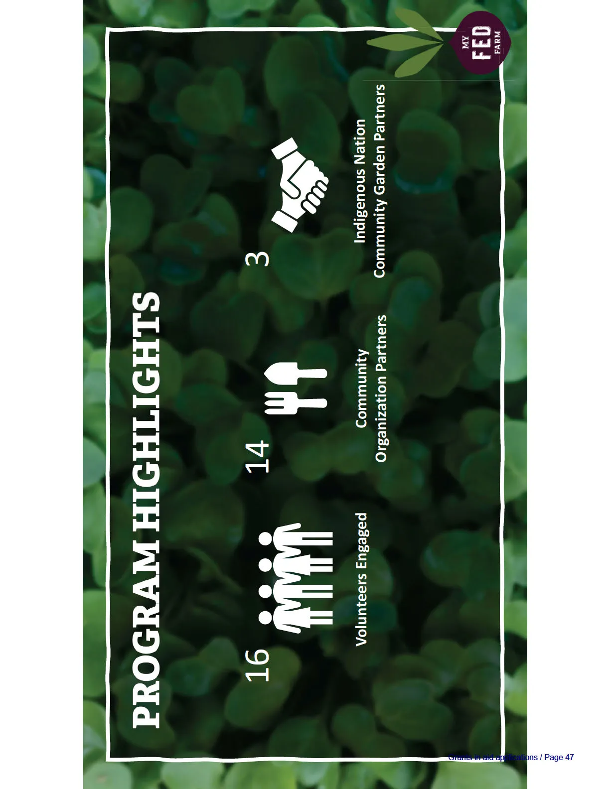 Infographic with icons representing a group of people, a fork and spoon, and a handshake over a background of green leaves
