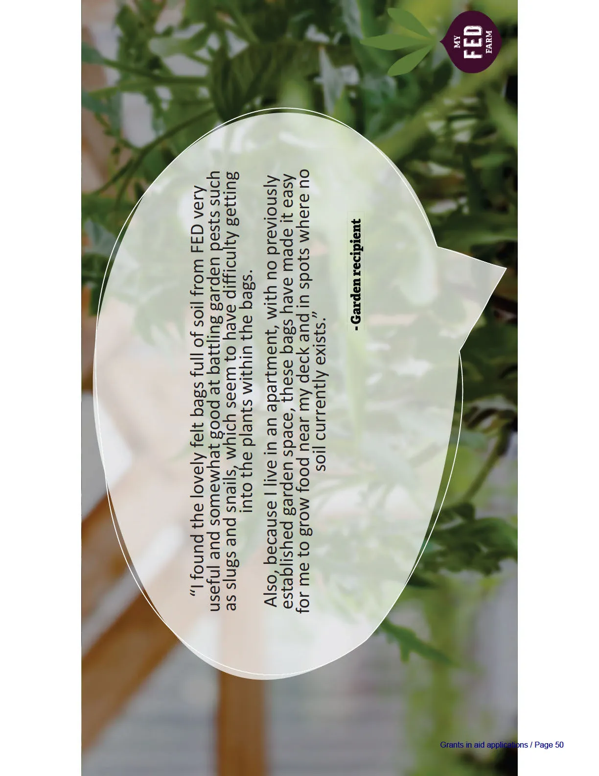 Testimonial from a garden recipient presented in a white speech bubble