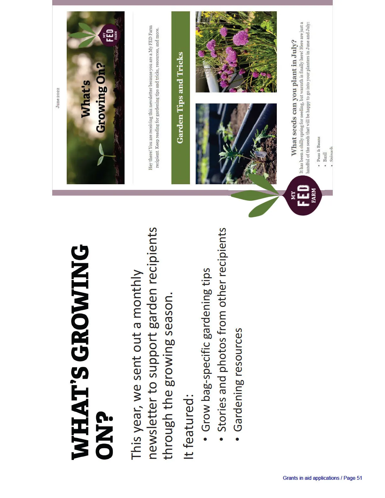 Collage showing "What's Growing On?" newsletter excerpts and close-up photographs of flowering garden plants