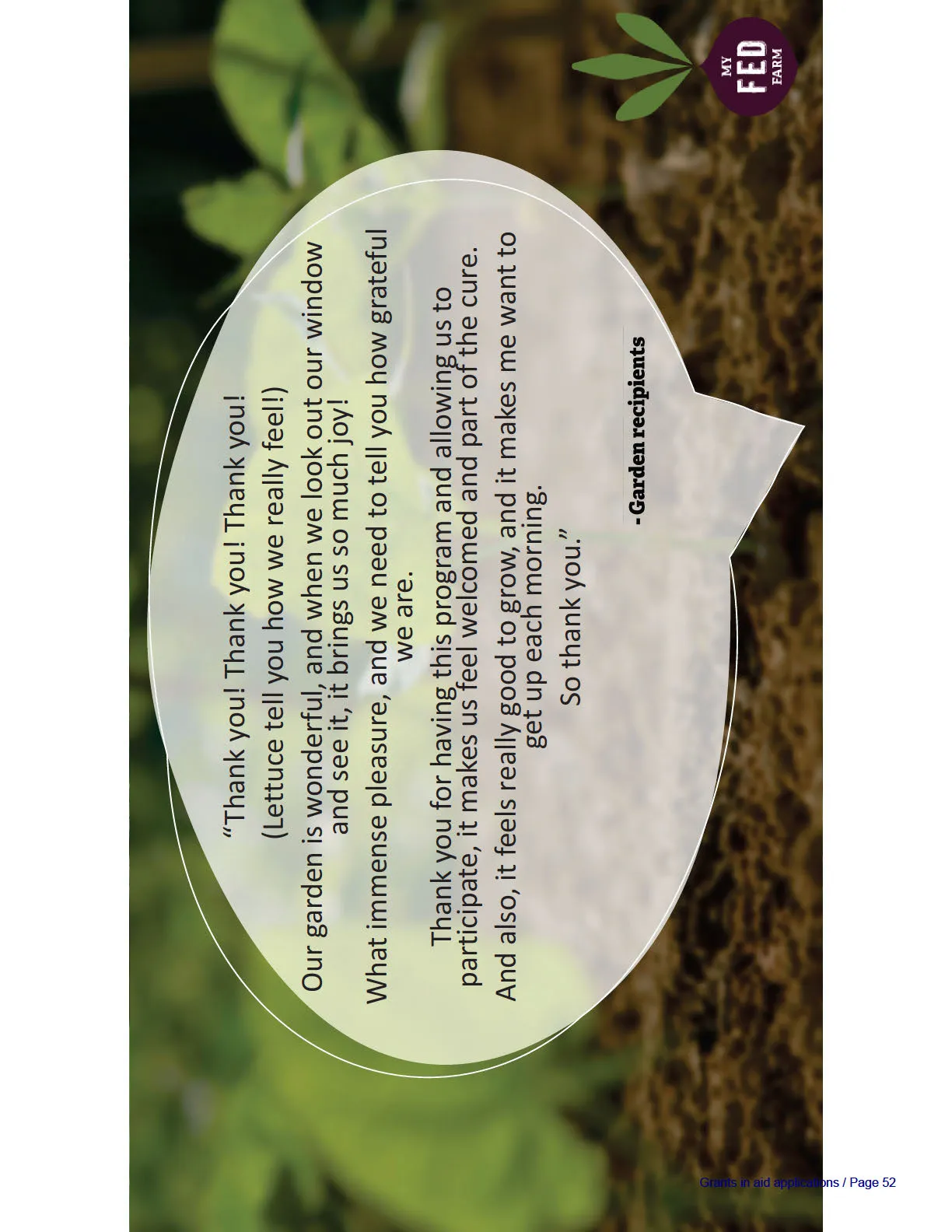 Testimonial from garden recipients presented in a white speech bubble