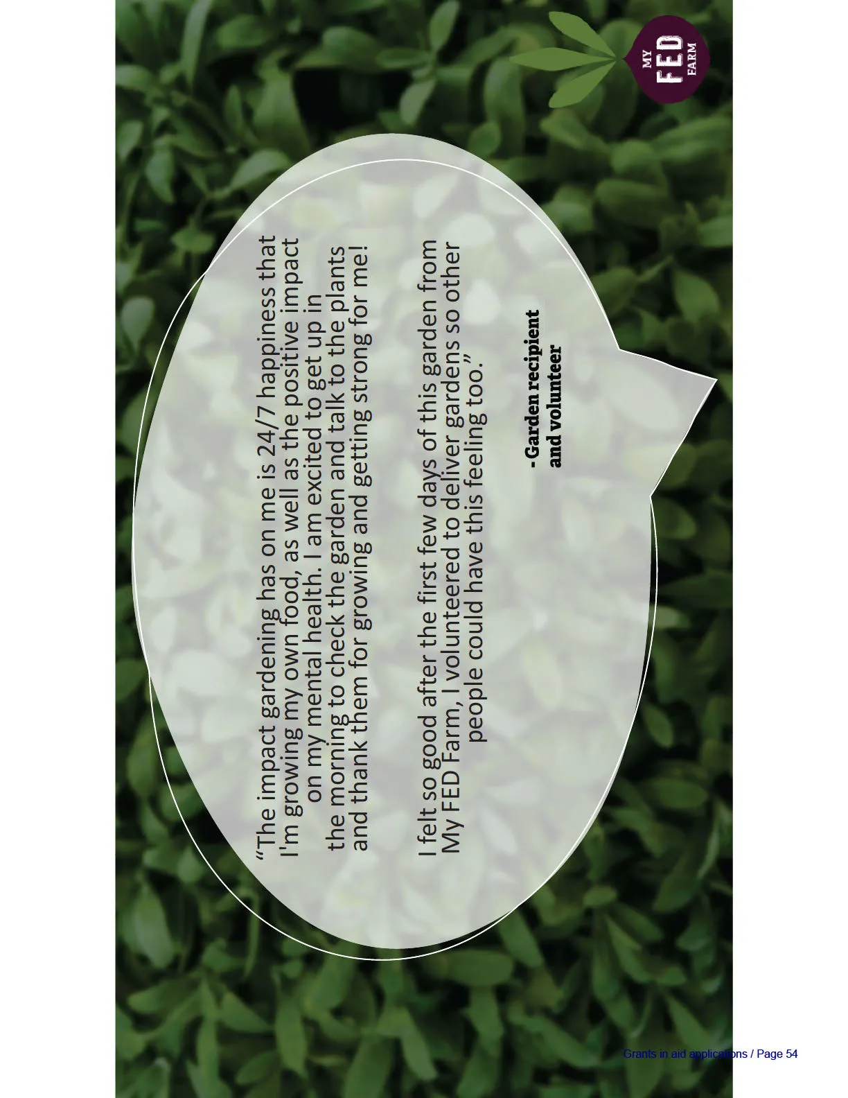 Testimonial from a garden recipient and volunteer presented in a white speech bubble