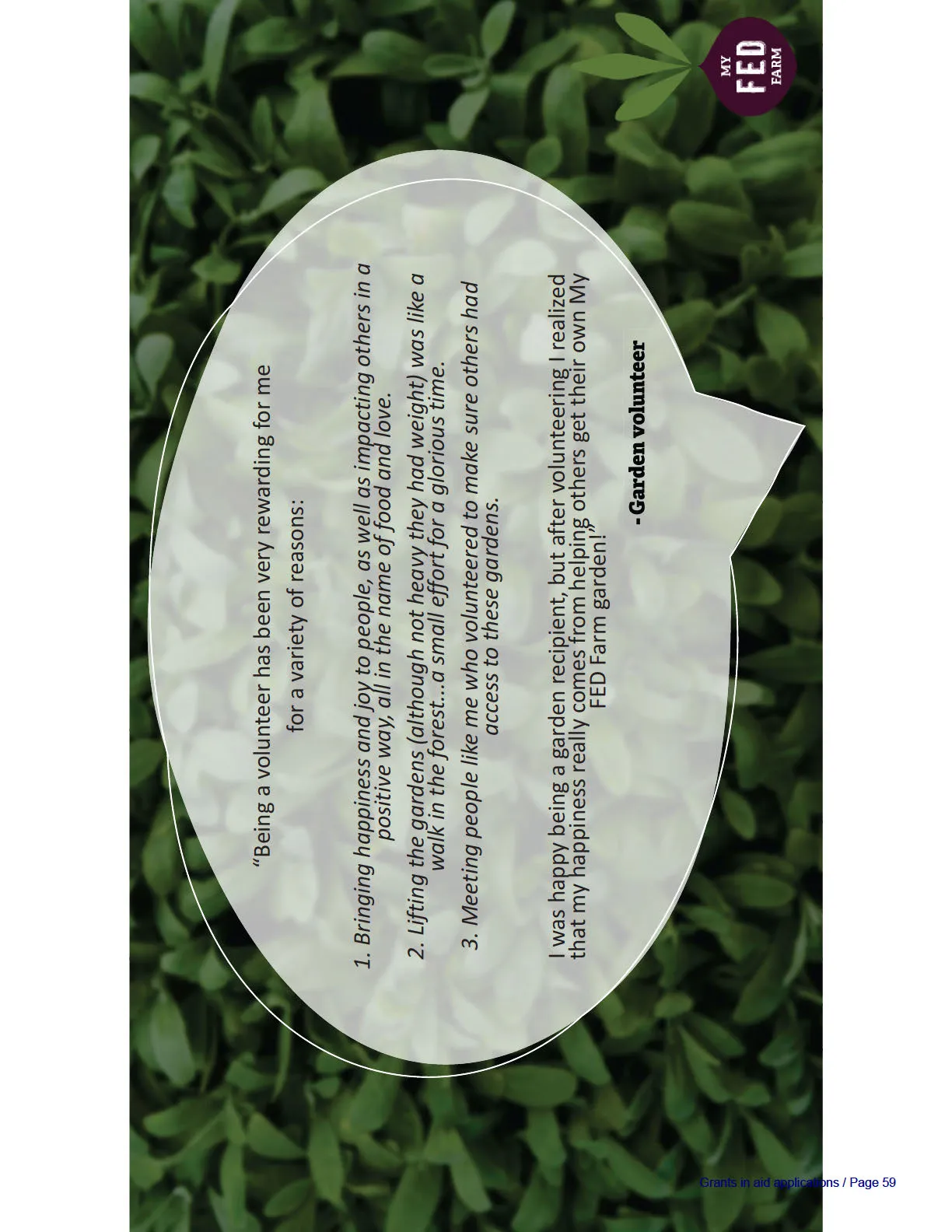 Testimonial from a garden volunteer presented in a white speech bubble