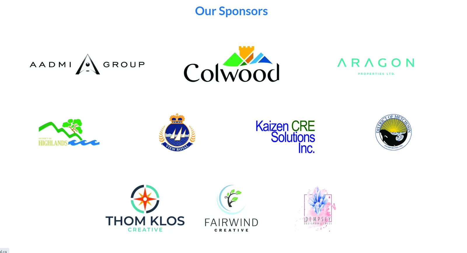 Montage of logos for Juan de Fuca Performing Arts Centre Society sponsors including AADMI Group, Colwood, Aragon Properties Ltd, District of Highlands, View Royal, Kaizen CRE Solutions Inc., District of Metchosin, Thom Klos Creative, Fairwind Creative, and Dempsey Design & Wellness.
