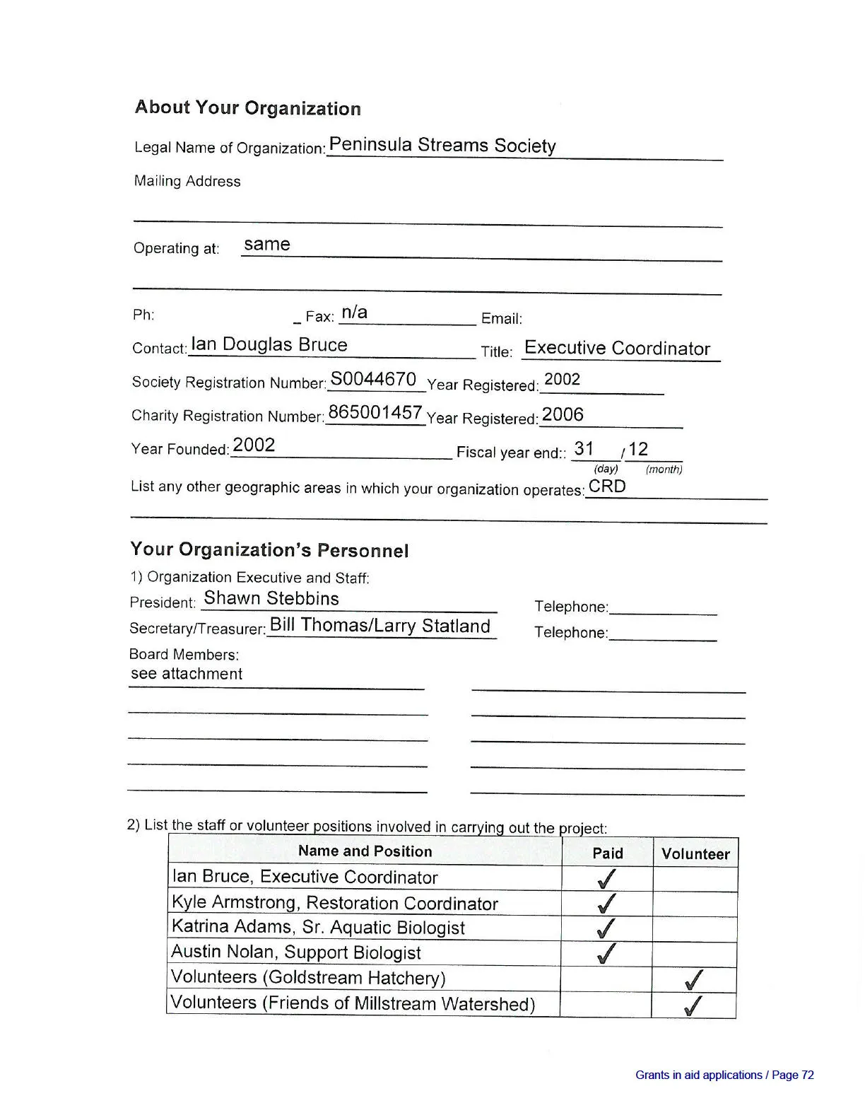 Grant Application Form - Organization details and personnel