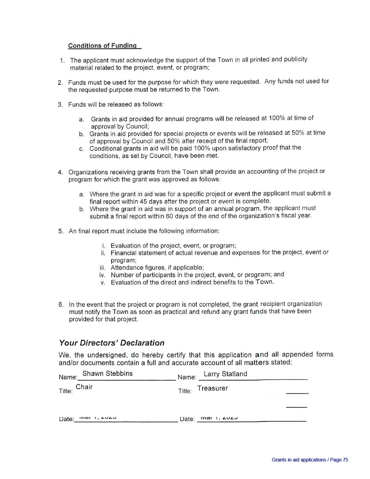 Grant Application Form - Funding conditions and directors' declaration