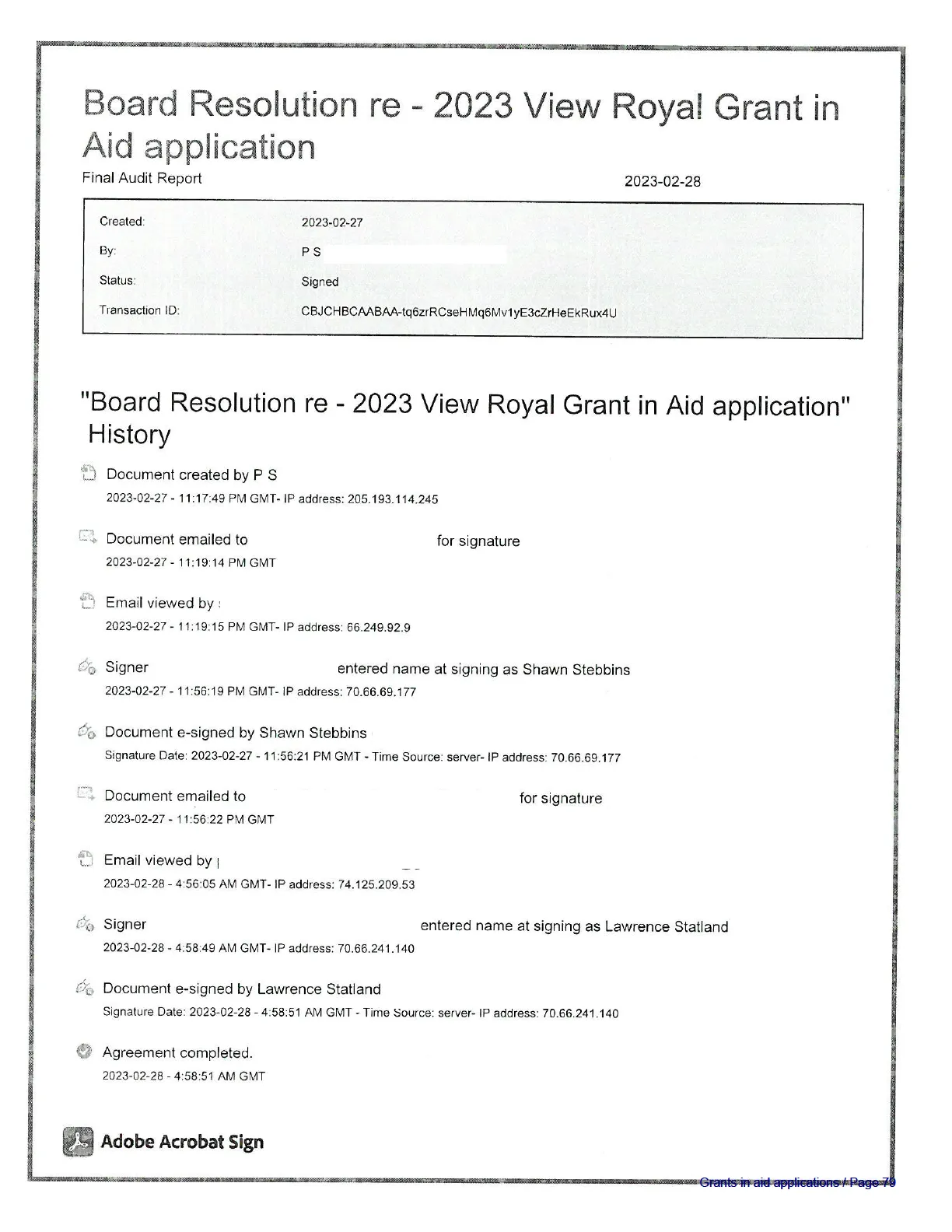 Adobe Acrobat Sign Final Audit Report for the board resolution