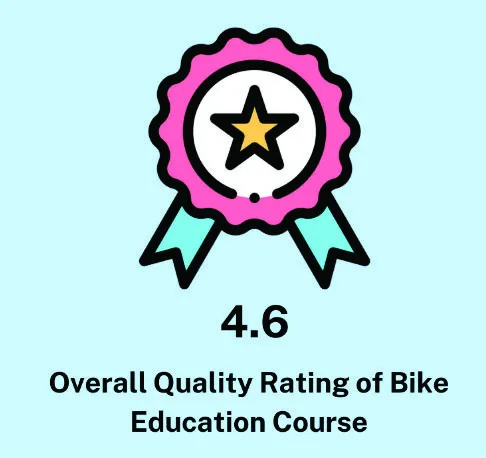 Graphic showing a 4.6 overall quality rating of Bike Education Course with a pink award ribbon icon