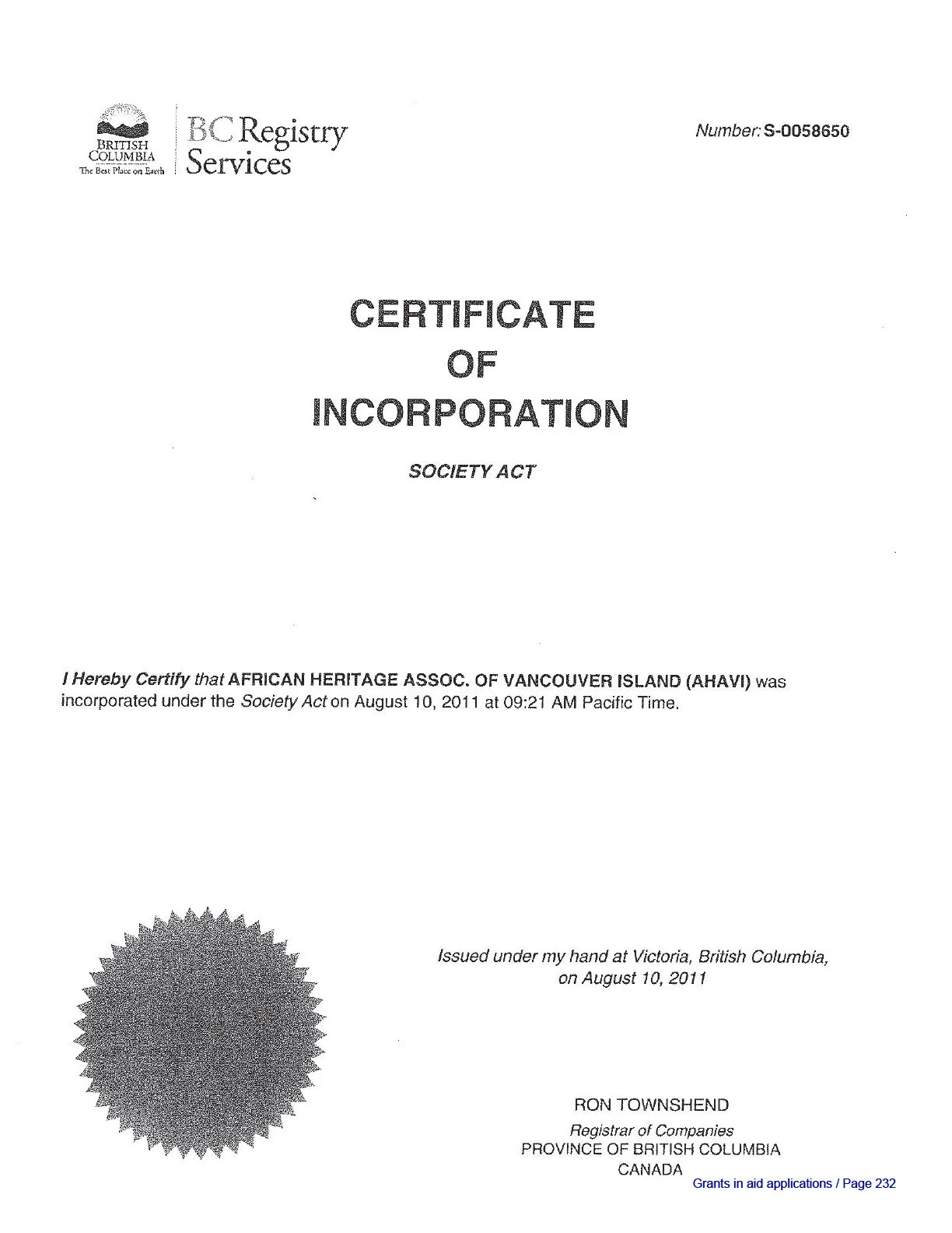 Certificate of Incorporation for AFRICAN HERITAGE ASSOC. OF VANCOUVER ISLAND (AHAVI)