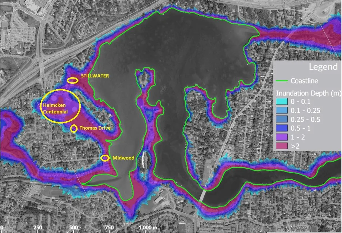 Map of Portage Inlet showing predicted sea level rise inundation depths