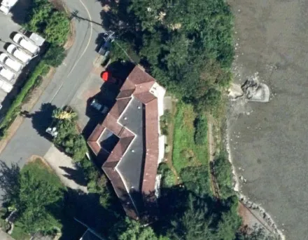 Aerial view of the Dukrill Shoreline Access property and surrounding neighborhood