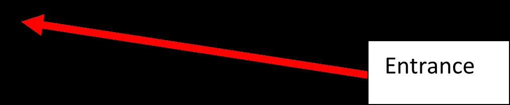 Red arrow graphic pointing to the access entrance with a label "Entrance"