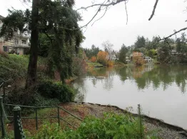 View of the shoreline path with a green post and chain fence