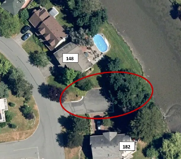 Aerial view showing site challenges and surrounding properties 148 and 182 Werra Rd