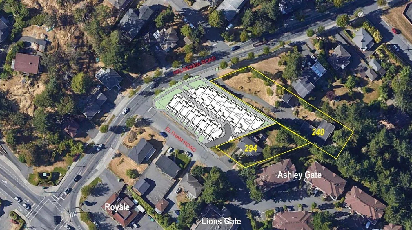 Aerial map identifying the subject properties and neighbouring properties at 294 Eltham and 240 Helmcken Road