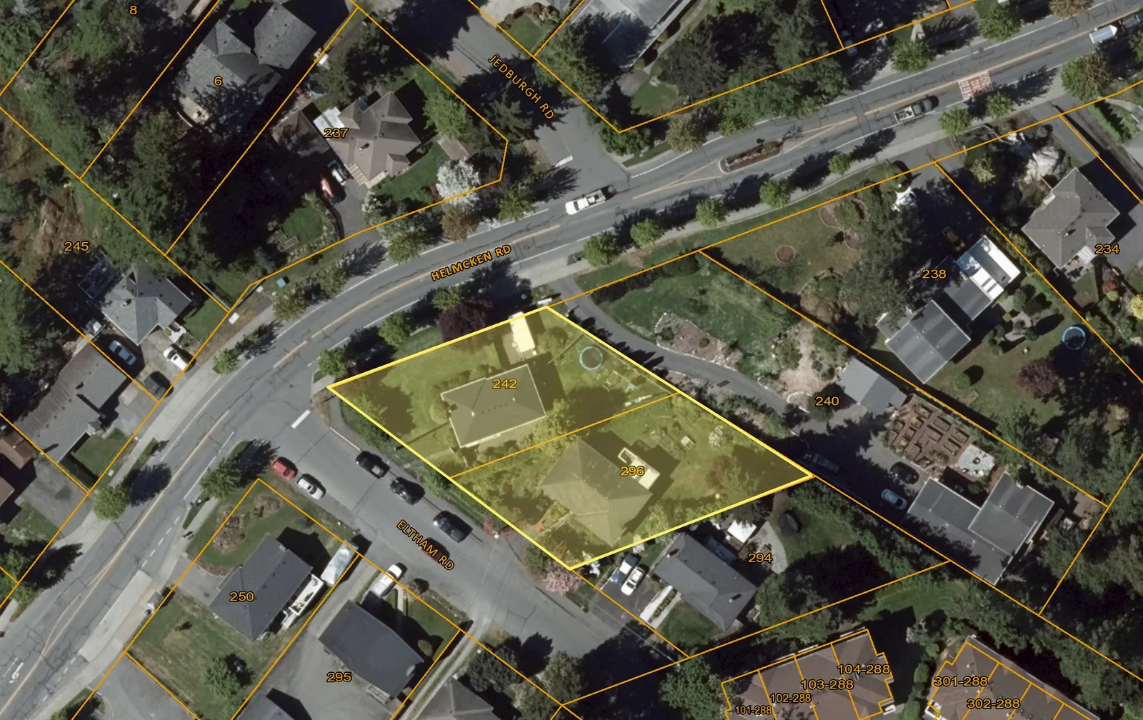 Aerial map showing property parcels with 242 Helmcken Rd and 296 Eltham Rd highlighted in yellow. The map includes street names such as Jedburgh Rd, Helmcken Rd, and Eltham Rd, as well as surrounding house numbers.