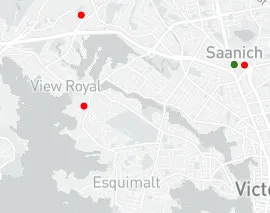 Map showing grocery store locations in the View Royal, Saanich, Esquimalt, and Victoria area with green and red indicators