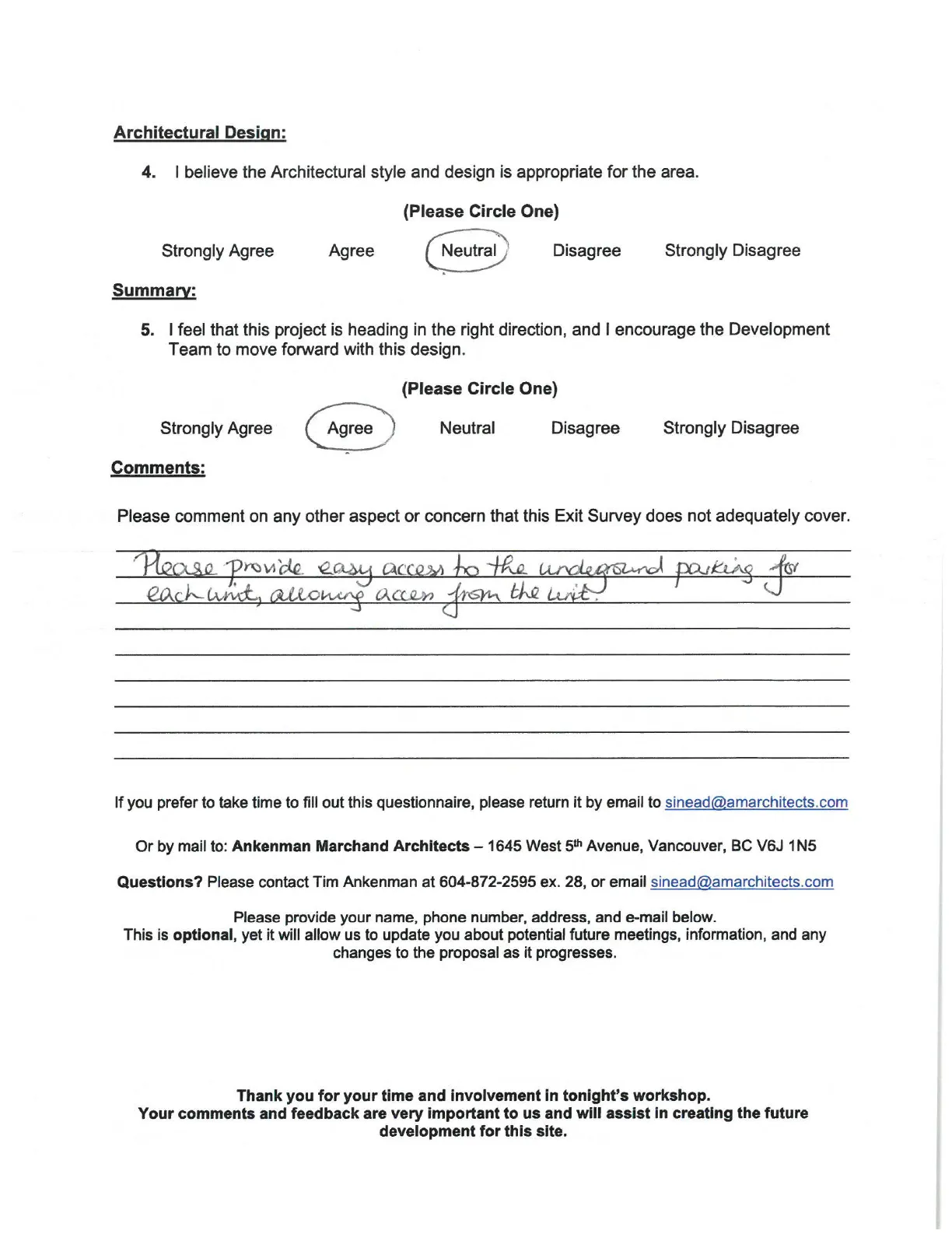 Community Workshop Exit Survey - Architectural Design and Summary Section